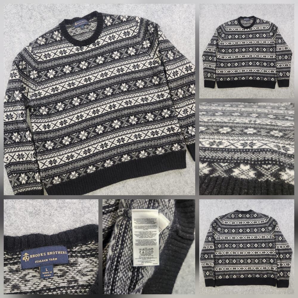 Brooks Brothers Sweater Mens Large Black Gray Fair Isle Crewneck Italian Yarn